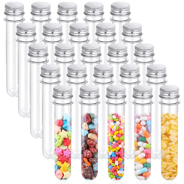 25 stk. reagensglas, 40 ml klare plastikreagensglas med skruelåg, 25x140 mm rør til prøver, videnskabsfest
