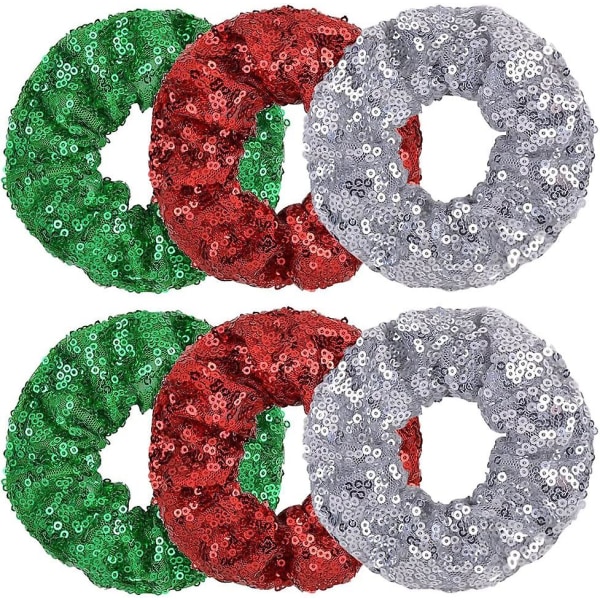6 stk. paljett-strikker glitter hårstrikker hestehaleholdere julepaljetthår Red Green Silver