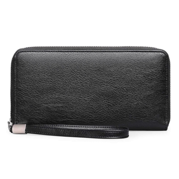 Damplånbok Clutch Läderplånbok, Flera Kortfack Pengapåse Dragkedja Myntförvaringspåse Black