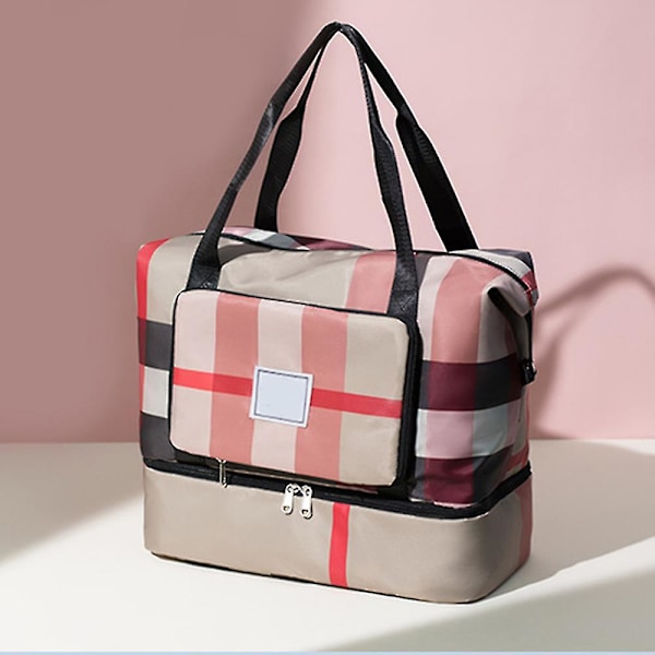Reiseveske, duffelbag for reise, fargeblokkmønster, stor kapasitet, multifunksjonell og sammenleggbar Khaki
