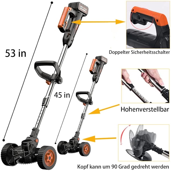 Batteridrevet gresstrimmer 36V Lett gressklipper med batteri 4.0Ah Batteri 90 til 120cm uttrekkbart håndtak for klipping av hager