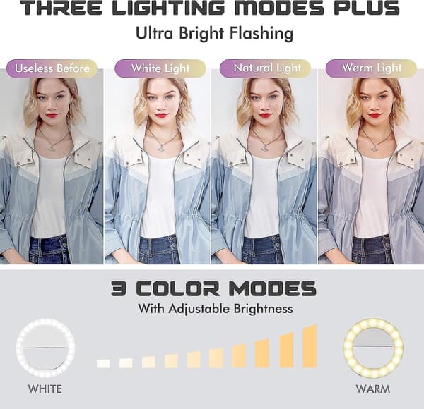 Selfie Ring Light (2 pakker), 3 lysmoduser Oppladbar Clip-on Telefon Ring Light med 36 LED