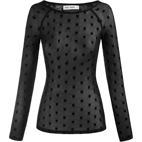 Naisten joustava pyöreäkauluksinen läpinäkyvä seksikäs slim fit -verkkotoppi pitkillä hihoilla Black Print M