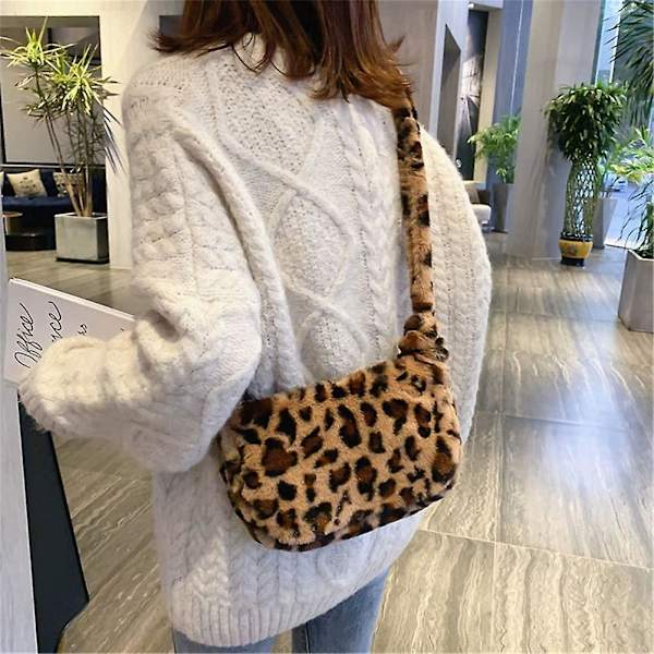 Dame Leopard Print Clutch Håndtaske Plys Faux Fur Tote Taske Blød Varm Skuldertaske Crossbody Taske (1-b/acoffee W/hat)