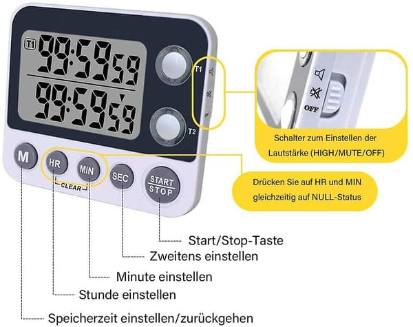 Digital dubbelkökstimer, justerbar volymtimer, matlagningstimer, stoppur, stor LCD