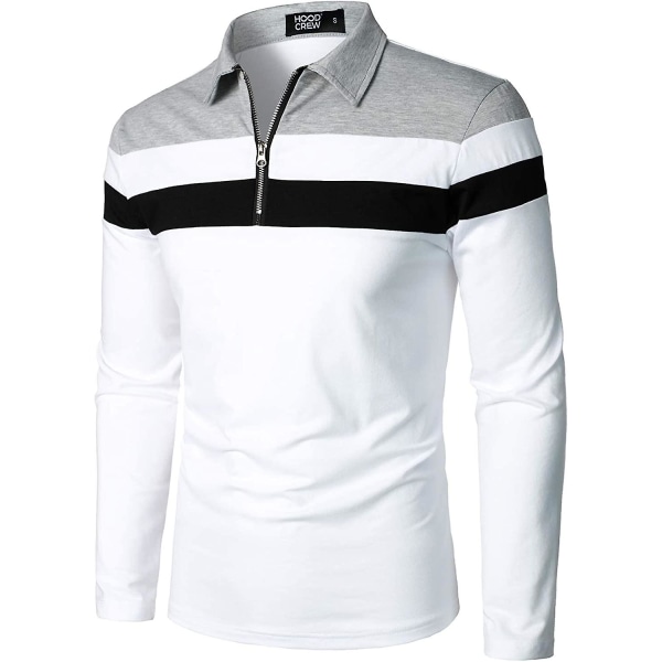 Herr Casual Långärmad Polotröjor Kontrastfärg Patchwork Bomull Tee Toppar White M