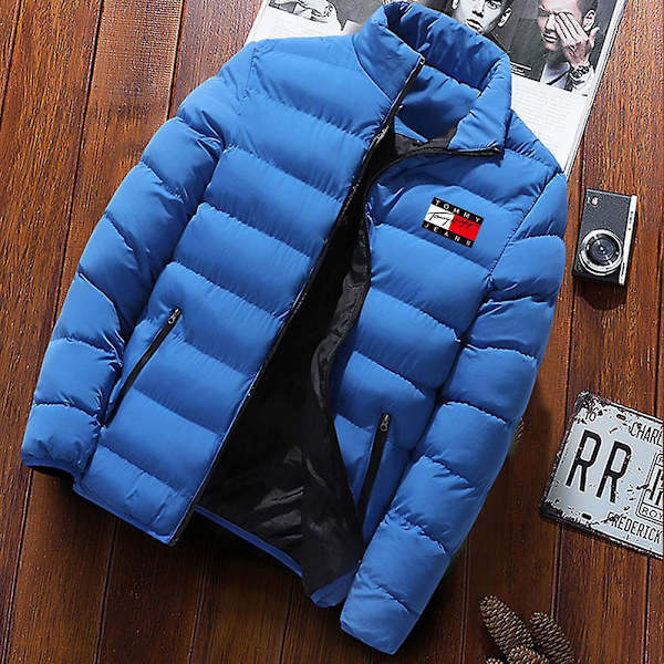Herr Vattentät Dunjacka med Huva Varm Parkas Mid-Längd Tjock Dunjacka Vinter Blue M