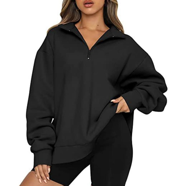 Dame Oversized Halvzip Trøje med Lange Ærmer - Efterårssweatshirt - Kvartzip Trendy Hoodie Outfits til Teenagere m0 black 3X Large