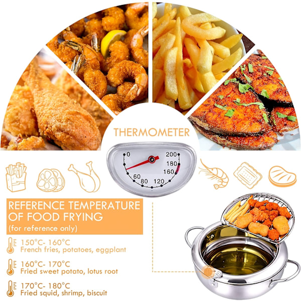 1 kpl Tempura-rasvakeitin, paksuuntettu 304 ruostumattomasta teräksestä valmistettu tempura-keitin lämpömittarilla, japanilaistyylinen tempura-paistinpannu