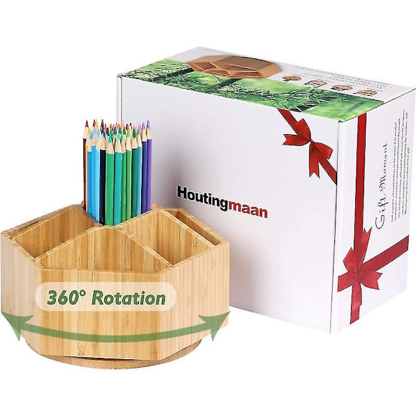 Bambus konstmaterial arrangör, pennhållare för skrivbord, stor roterande skrivbordsarrangör, kontorsmaterial skrivbordsförvaring Caddy, sminkhållare, markörer Hol
