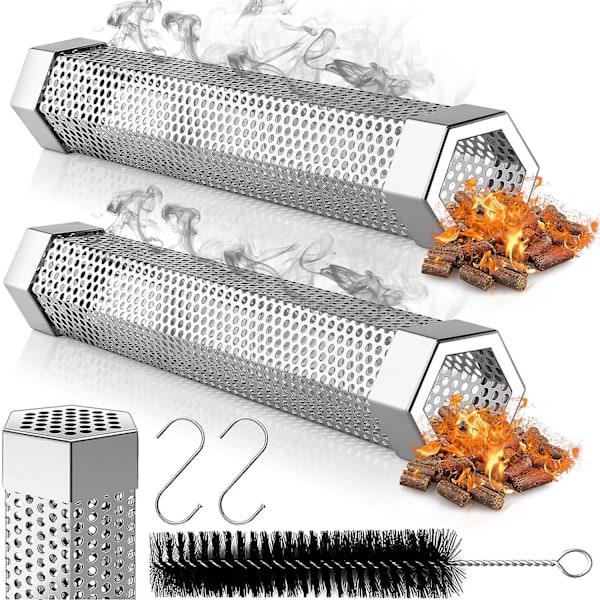 Sekskantet Pellet Røykerør, 12 tommer Rustfritt Stål BBQ Vedpellet Røykerør for Kald Røyking, 5 Timer med Bølgende Røyk - for Enhver Grill eller Røyker - GSL 2PCS