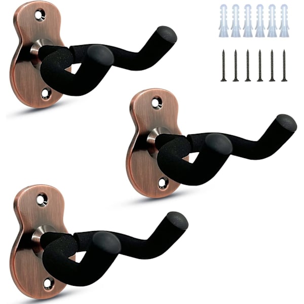 3-pack metallgitarrväggfäste med skyddande svamp, lämplig för bas, gitarr, banjo, ukulele - röd brons