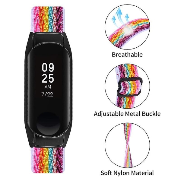 Stretchig nylon anti-scratch justerbar handledsrem för Xiaomi Mi Band 3/4, med svart klockram Colorful