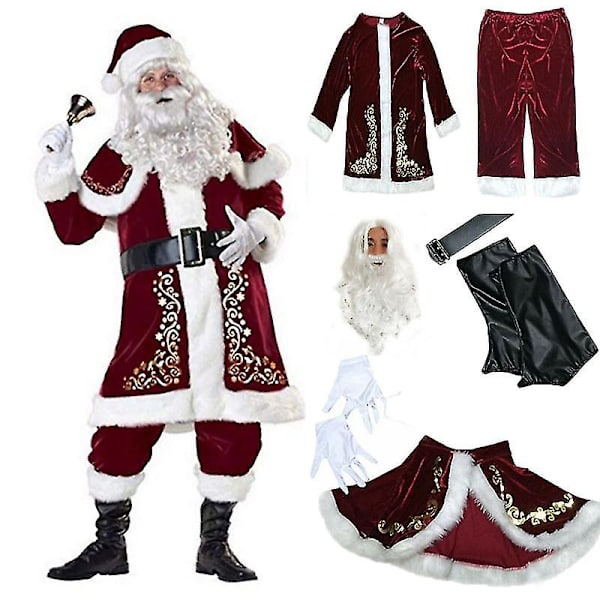 Röd jultomtekostym Deluxe sammet Fancy 8 delar julmaskerad herrbarn cosplaydräkt Adult M