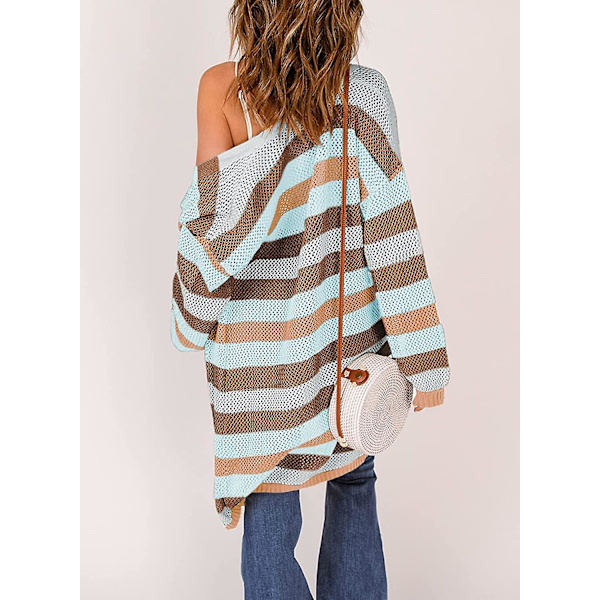 Dam Puff Långärmad Virkad Stickad Cardigan Tröjor Färgblock Kimono Öppen Framrock Ytterkläder M