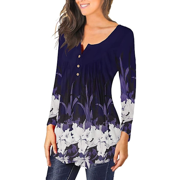 Dame Tunika Topper Ensfarget Plissert V-hals Knapper Bluse Blomstertrykte Damer Tealwhite M