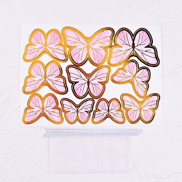 Rosa Sommerfugl Kaketopper, 10 stk. Sommerfugl Cupcake Toppers Gratulerer med dagen Metall Gull Kaketopper For Jenter Kvinners Bursdagskake Festdekorasjoner