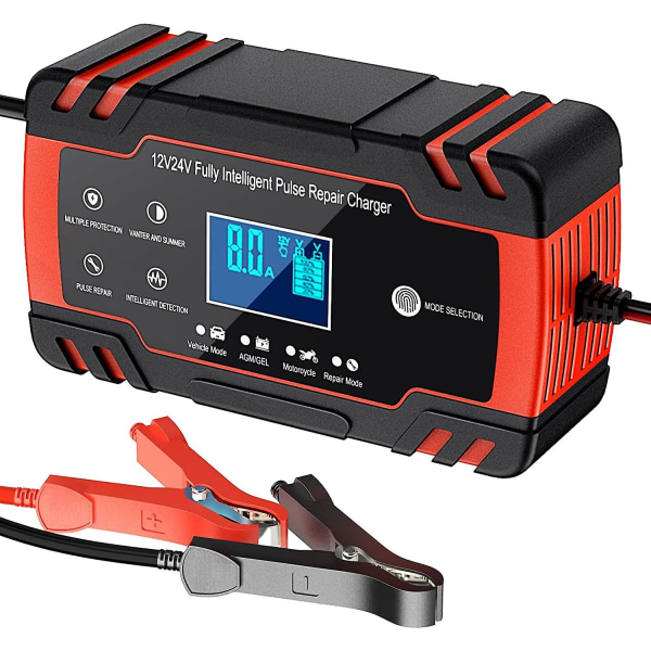 12v/24v 8a Intelligent Batteriladdare, Bärbar Batteriladdare Underhållare Och Auto Reparationsfunktion Med Lcd-skärm, För Bil Motorcykel Lastbil, Agm,