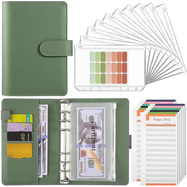Budgetmappe med lynlåskuverter & udgiftsark, kontanter til budgettering og opsparing, pengeorganisator (sort) Olive Green
