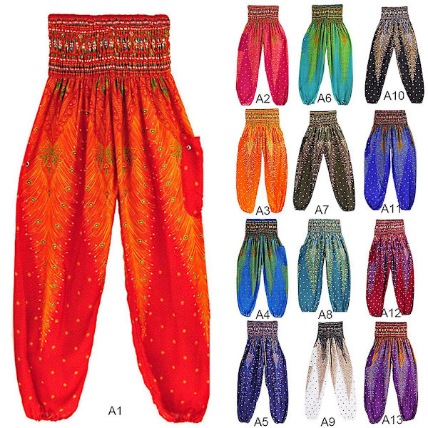 Boho Joogahousut Naisille - Painetut Pilateshousut Löysällä Istuvuudella ja Pussimaisella Harem-tyylillä - Täydelliset Rannalle, Joogaan, Tanssiin ja Muuhun Red One Size