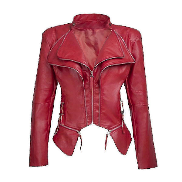 Dame Faux Læder Biker Kort Jakke Casual Slim Fit red m