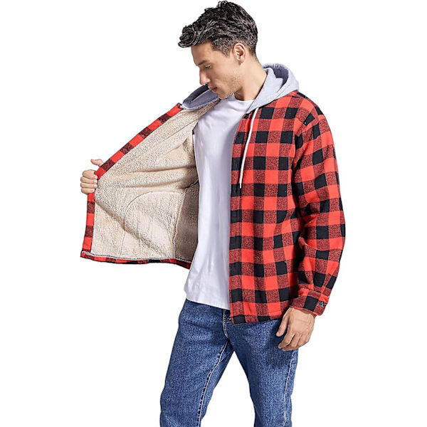 Rutete bomullsjakke for menn, fleeceforet flanellskjorte, Sherpa-jakke med knapper og hette for menn Red 2XL
