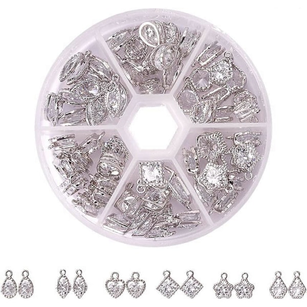 1 Ask 60 st Cubic Zirconia Legering Charm Set i 6 Stilar för Smyckestillverkning Storlek 10-15mm Längd i Platina