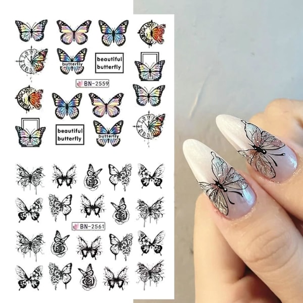 Fjärilsnaglar Dekaler Vår Sommar Vattenöverföringsnaglar Dekaler För Akrylnaglar Svart Rosa Lila Färgglada Fjärilsblomma Nageldesign