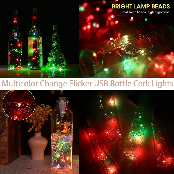 Paket med 4 LED-vinflaskbelysning, flerfärgad, USB uppladdningsbara korklampor för vinflaskor, 59 tums kopparkabel, 15 led, flaskljus för Chris
