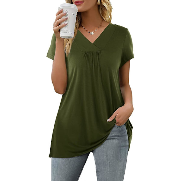 Dame Casual Toppe V-hals T-shirt Kort/langærmet Plisserede Longine Skjorter Short Green L