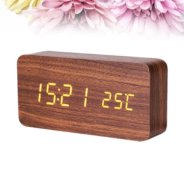 Modern Trä LED-väckarklocka Kalender Termometer Batteri Ingår Inte (Brun och Trä Vit)