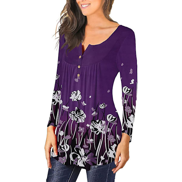 Dame Tunika Topper Ensfarget Plissert V-hals Knapper Bluse Blomstertrykte Damer Mixblue 1 L