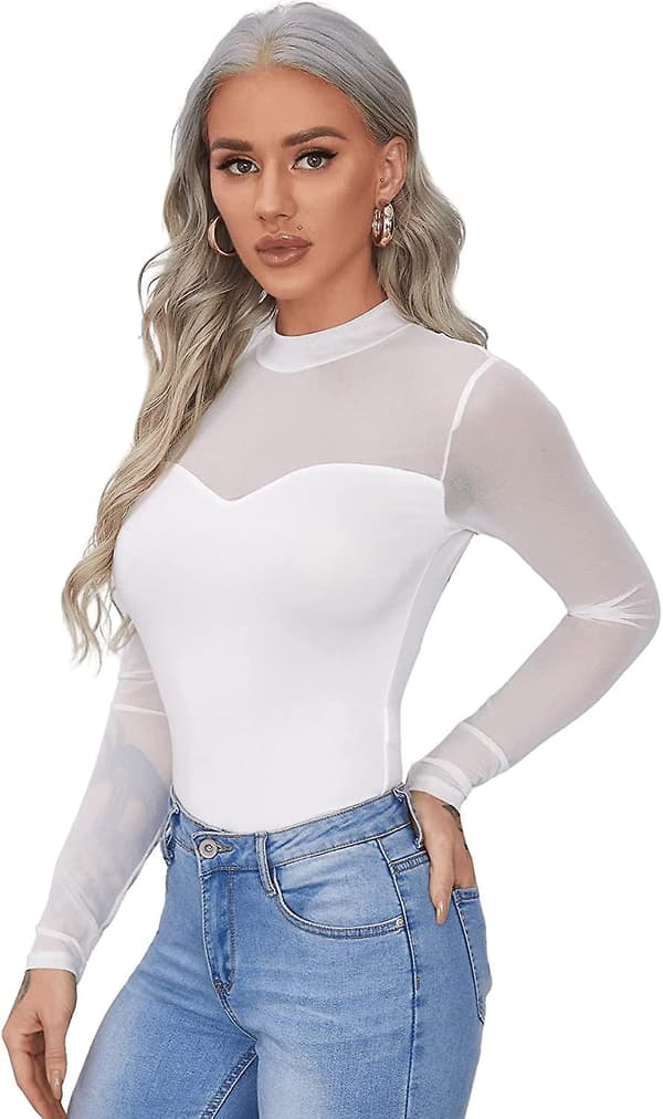 Långärmad damtopp med kontrasterande meshärm och smal passform White L