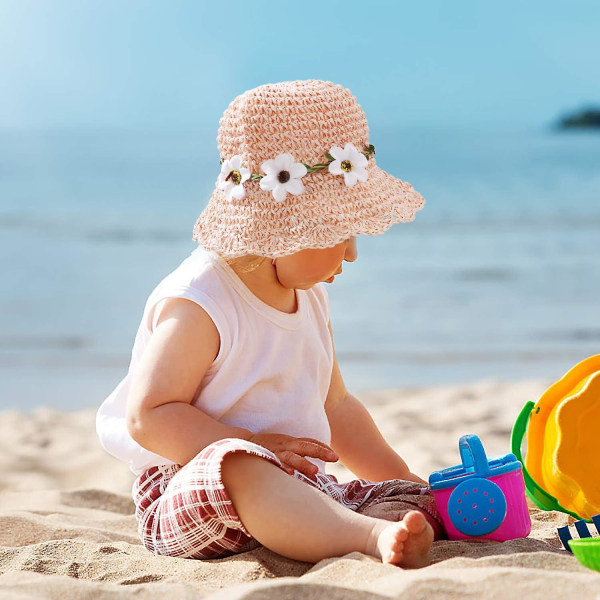 Halm sommarhatt för flickor Barn andas strandsolhatt Bred hopfällbar med blomdekoration för semesterresor utomhusaktiviteter beige