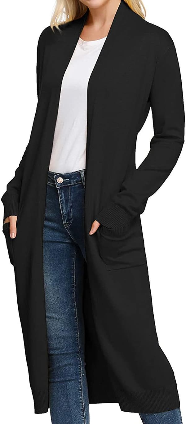 Essentiell Solid Open Front Maxi Lång Stickad Cardigan Tröja för Kvinnor XL