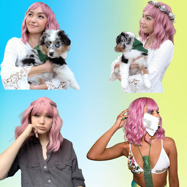 Pastellfärgad vågig peruk med luftlugg, kort lila rosa lockig axellång syntetisk peruk för dagligt bruk, färgglad cosplayperuk för tjejer