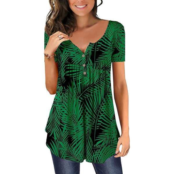 Dame Tunika Topper Ensfarget Plissert V-hals Knapper Bluse Blomstertrykte Damer Blackblue M