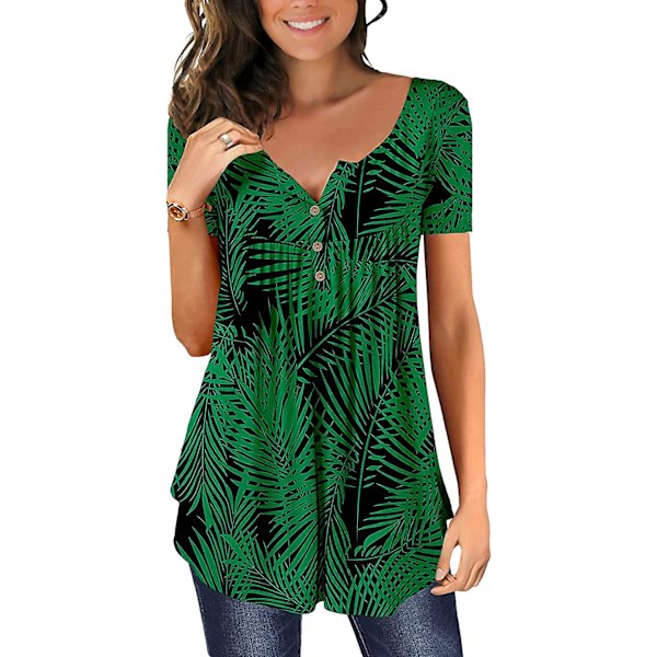Dame Tunika Topper Ensfarget Plissert V-hals Knapper Bluse Blomstertrykte Damer Flolace M