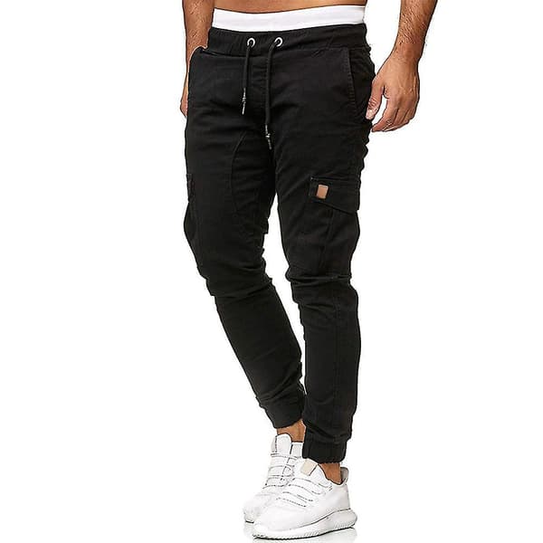 Herr Elastisk Midja Cargofickor Byxor Slim Fit Sport Combat Cuffade Byxor Black XL