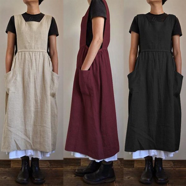 Dame Kjole Afslappet Løs Ensfarvet Forklæde Lange Stropper Bomuld Hør Overalls Kjoler Med Lommer, beige black L