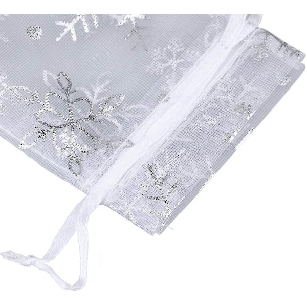 Snefnug Organza Poser til Jul, 100 Stk. Hvide Organza Gaveposer, 7 x 9 cm Organza Poser med Snøre til Jul, Bryllupsgaver, Smykker