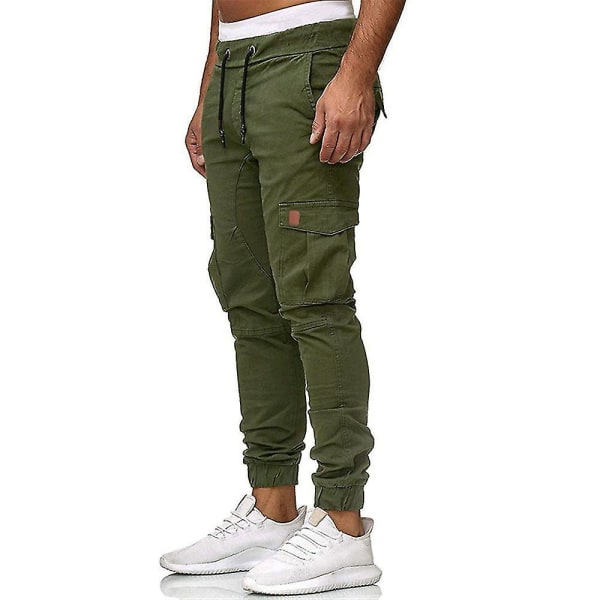 Herr Elastisk Midja Cargofickor Byxor Slim Fit Sport Combat Cuffed Pants Army Green XL