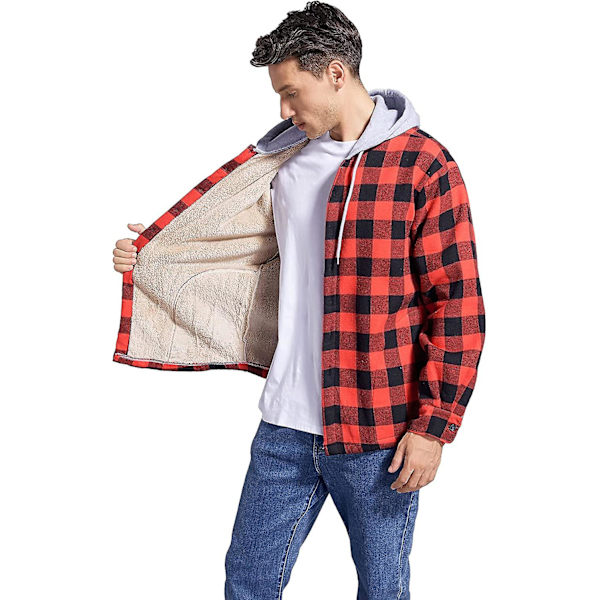 Rutete bomullsjakke for menn, fleeceforet flanellskjorte, Sherpa-jakke med knapper og hette for menn Red M