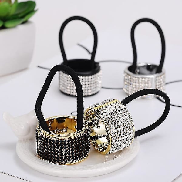 Rhinestone Glitter Hestehaleholder Manchet Metal Hårelastikker Gotisk Punk Hårholder Elastisk Hårbånd Reb (3 stk., Sort+guld+sølv)