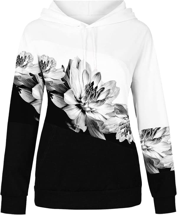 Baggy sweatshirts for kvinner, patchwork, blomstermønstret, hettegenser, avslappet langermet hettegenser for kvinner Grey X Large