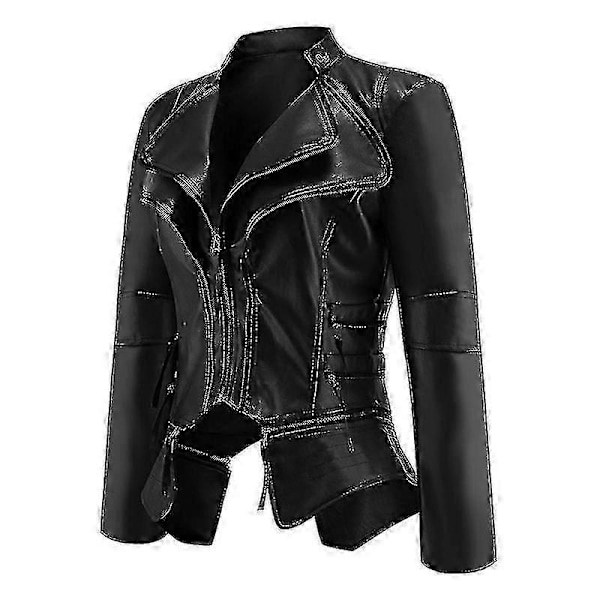 Dame Faux Læder Biker Kort Jakke Casual Slim Fit black l