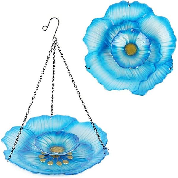 Hængende Fuglebad Udendørs Glas 30 cm Fuglebad Fuglefoder Skål Dobbelt Lag Blå Blomst Have Dekoration