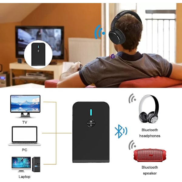 Bluetooth 5.0 Sender og Mottaker, 3-i-1 Trådløs Bluetooth Adapter, 3.5mm Bluetooth Lydadapter (svart)