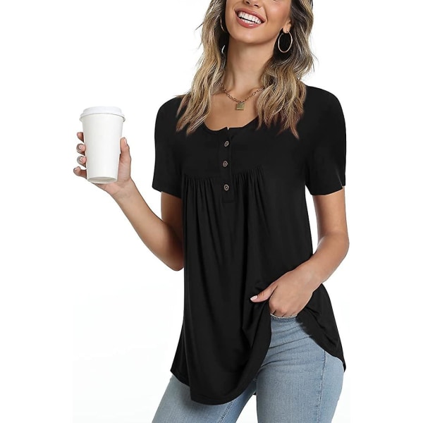 Dame Henley Skjorter til Forår-Sommer Knap Tunic Toppe 2023 Casual Kortærmet Bluse T Black XL