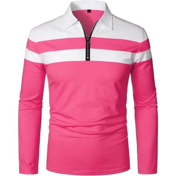 Herr Casual Långärmad Polotröjor Kontrastfärg Patchwork Bomull Tee Toppar Pink XL